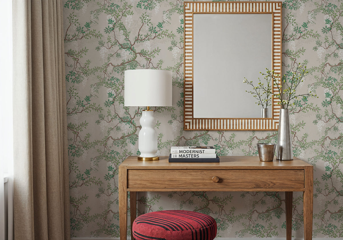 Climbing Wisteria, Greige Mural Wallpaper - room preview 04