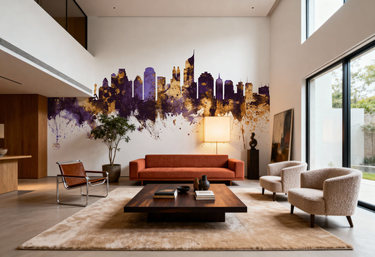 Jakarta Skyline Indonesia Purple & Gold Mural Wallpaper - room preview 04