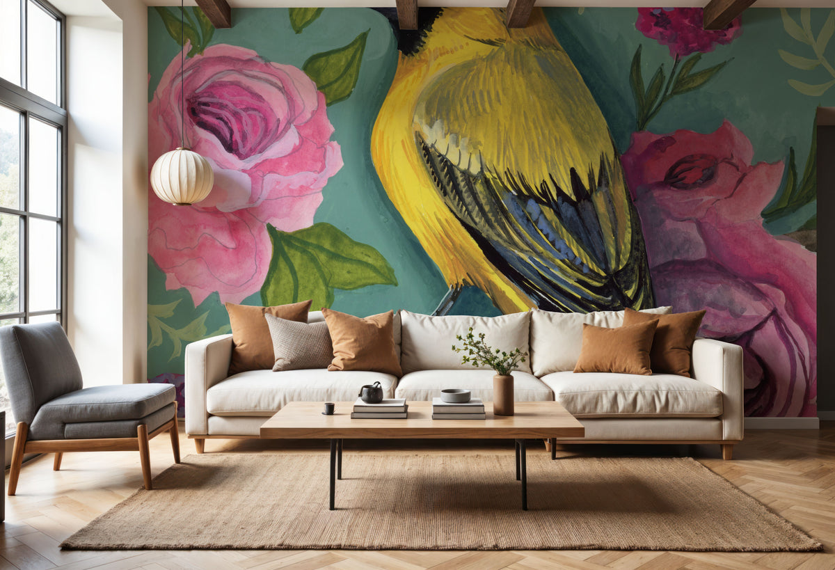 Bird with Roses Mural Wallpaper - room preview 04