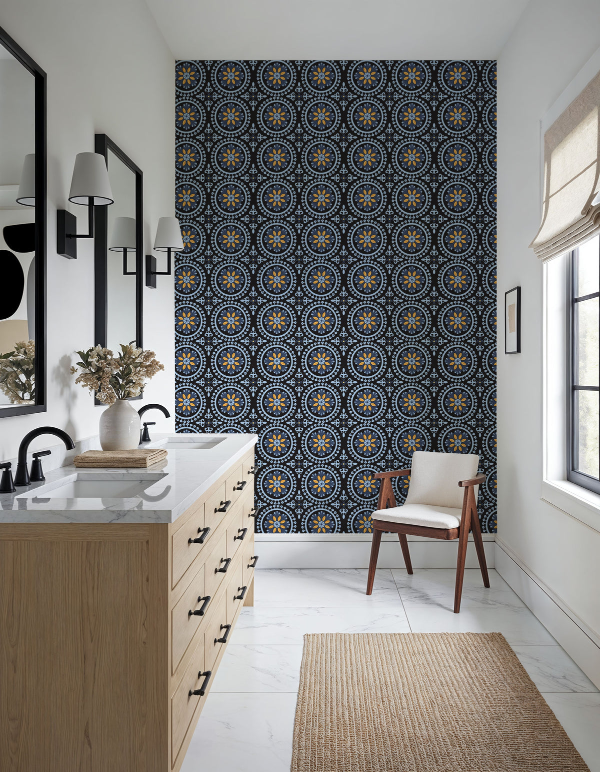 Geo Floral, Navy Mural Wallpaper - room preview 04