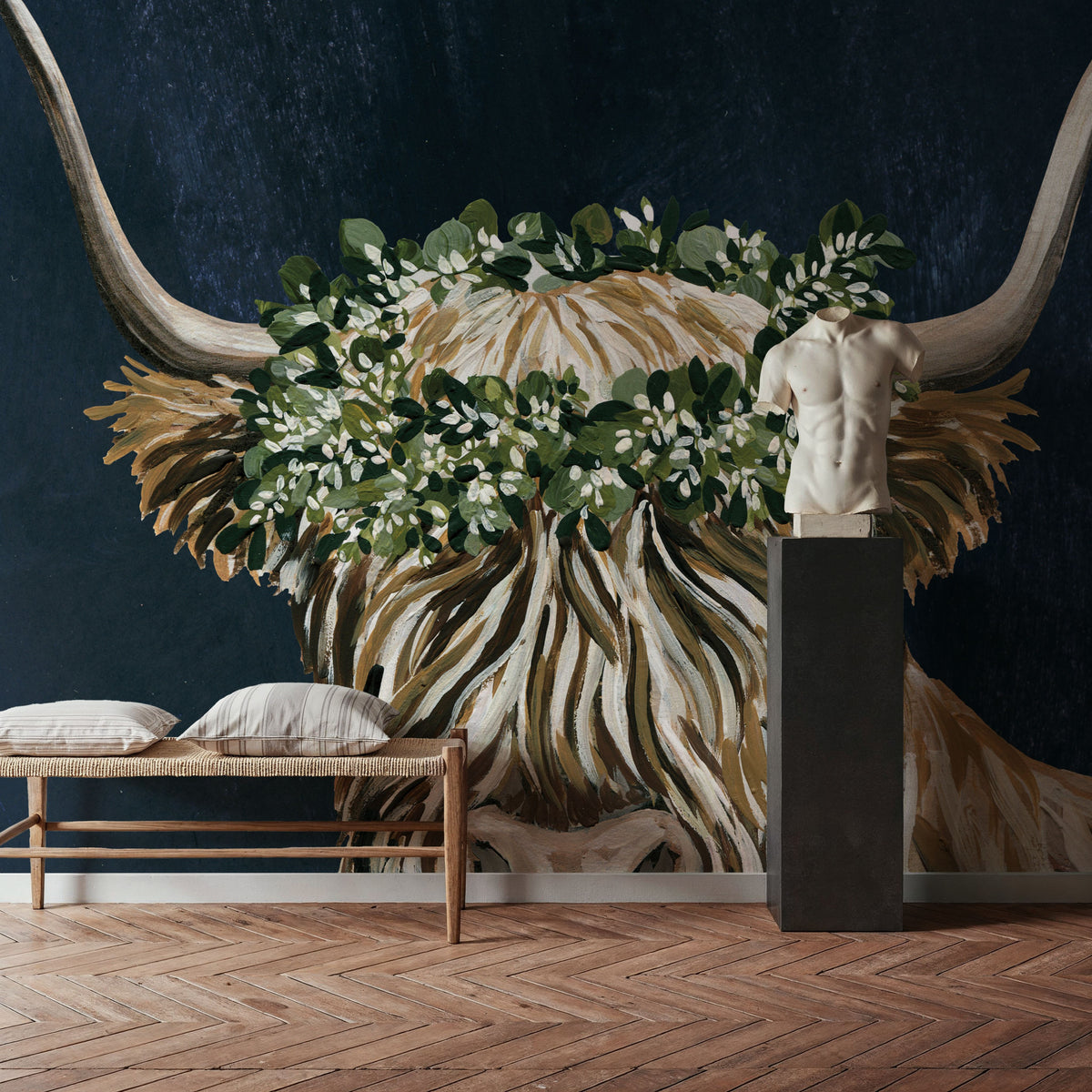 Harvest Cow Sage Texture Dark Mural Wallpaper - room preview 04