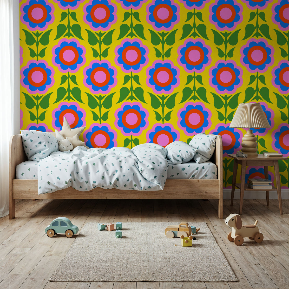 Retro Bold Blooms, Bright Mural Wallpaper - room preview 04