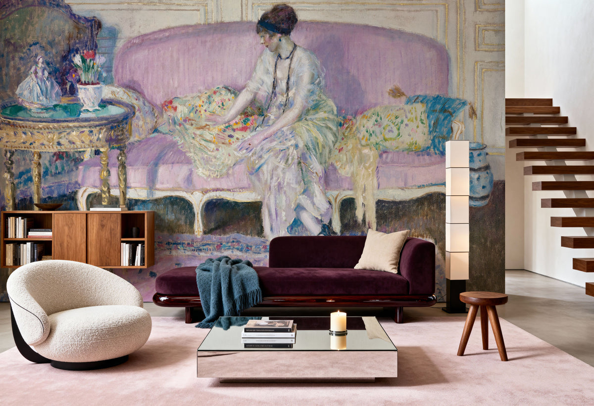 Woman Seated on Interior Sofa Mural Wallpaper - room preview 04