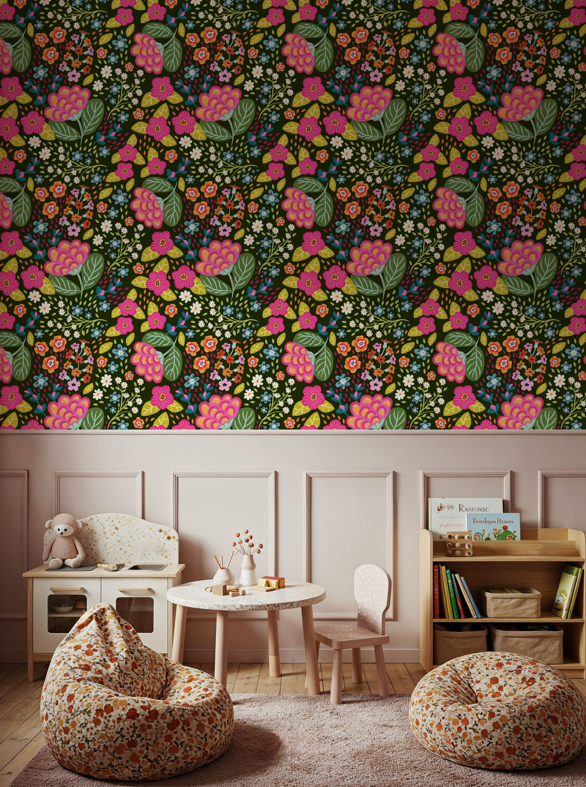 Happy Flowers, Pine Green Mural Wallpaper - room preview 04