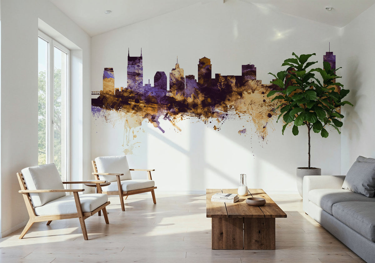 Nashville Tennessee Skyline Purple & Gold Mural Wallpaper - room preview 04