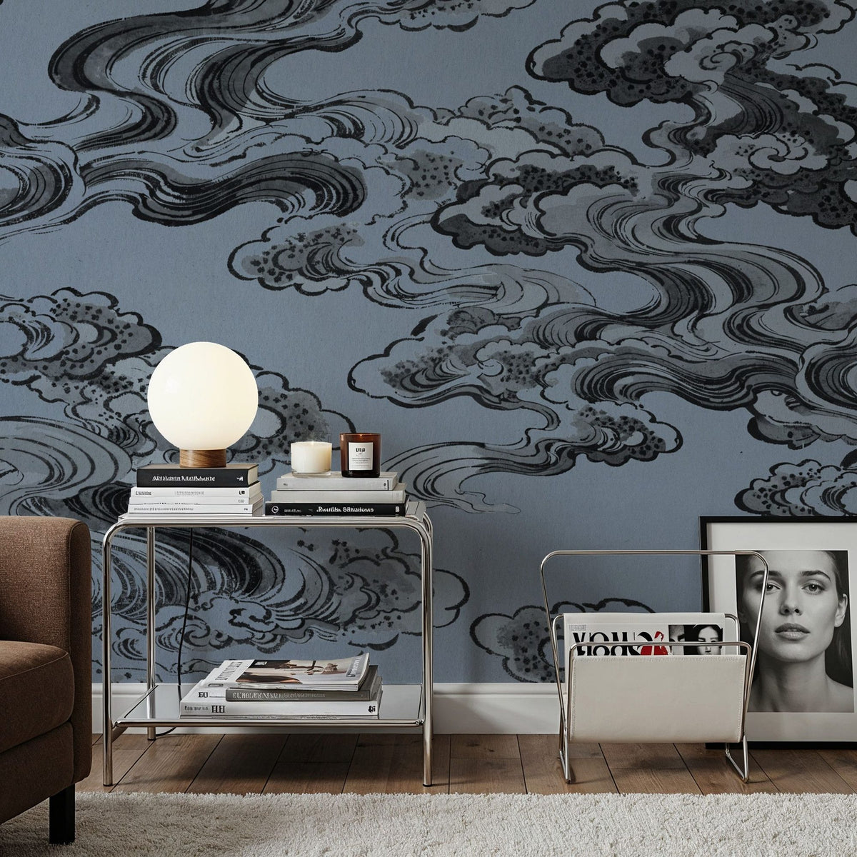 Ukiyo-e Clouds, Denim Blue Mural Wallpaper - room preview 04