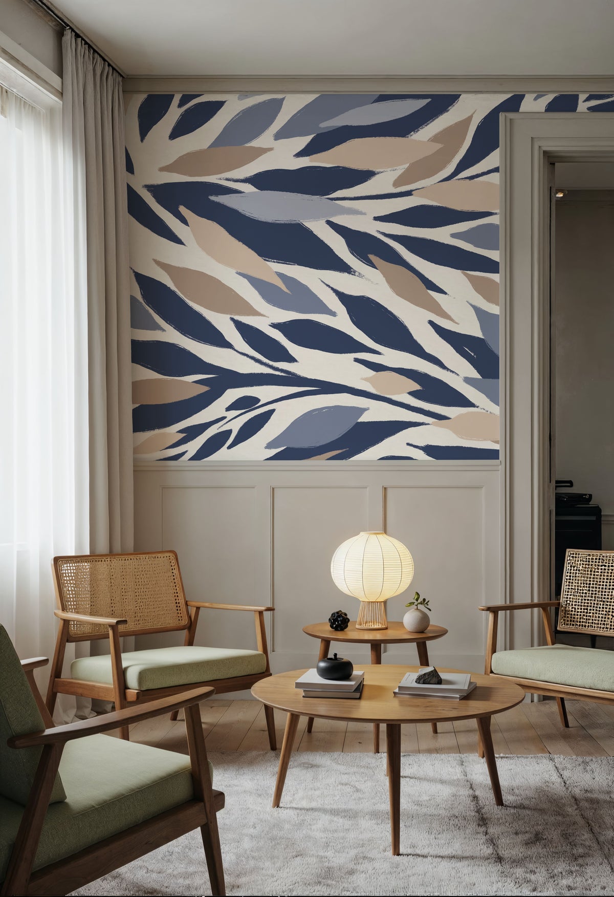 Leafy Lines Plain Mural Wallpaper - room preview 04