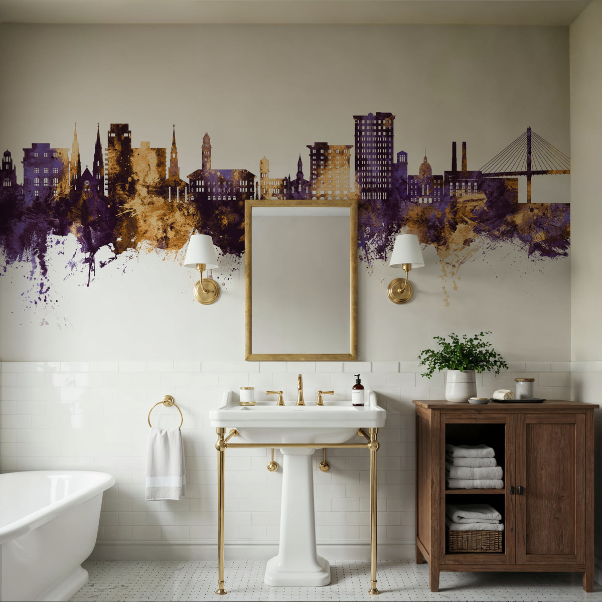 Savannah Georgia Skyline Purple & Gold Mural Wallpaper - room preview 04