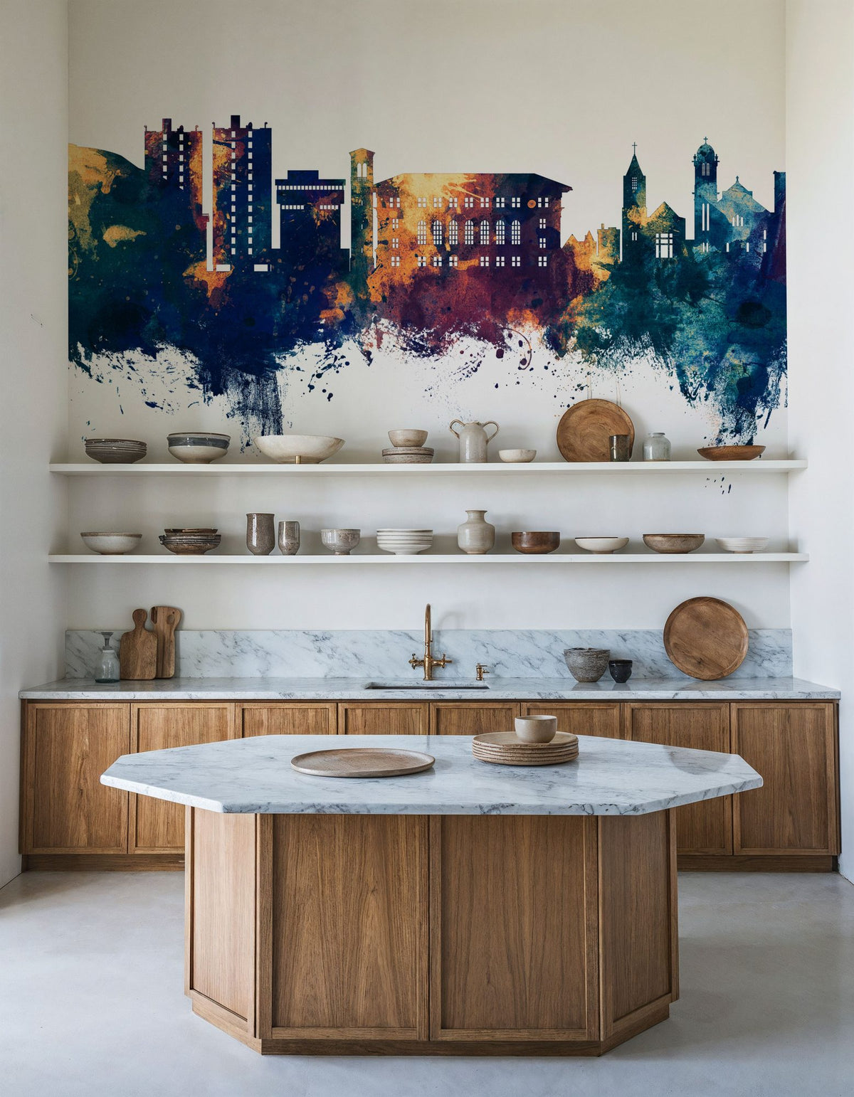 Cedar Falls Iowa Skyline Blue & Bronze Mural Wallpaper - room preview 04