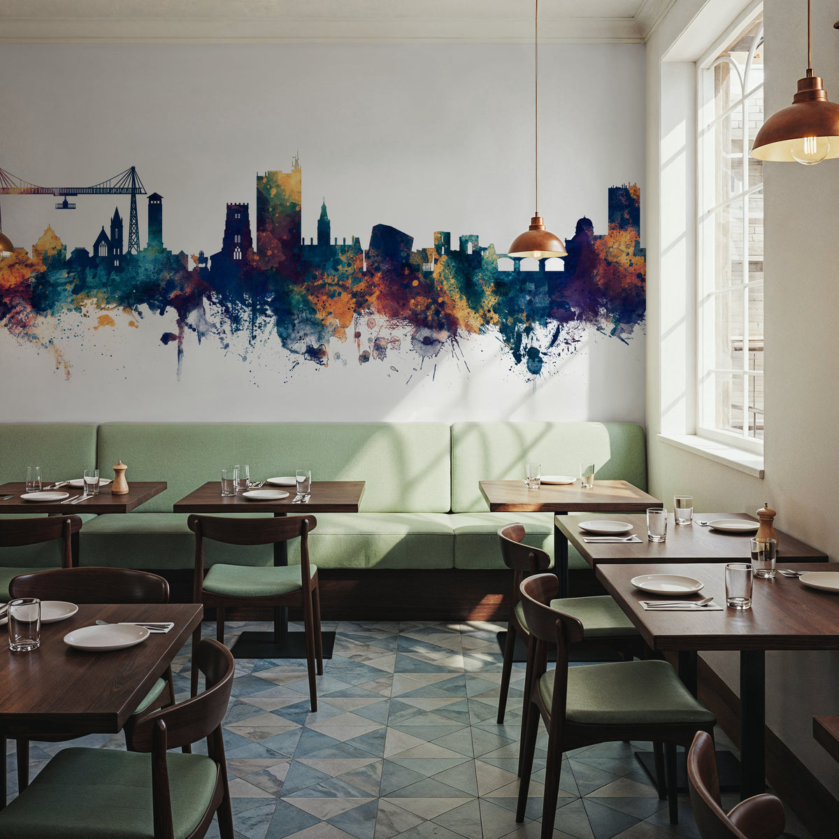 Newport Wales Skyline Blue & Bronze Mural Wallpaper - room preview 04