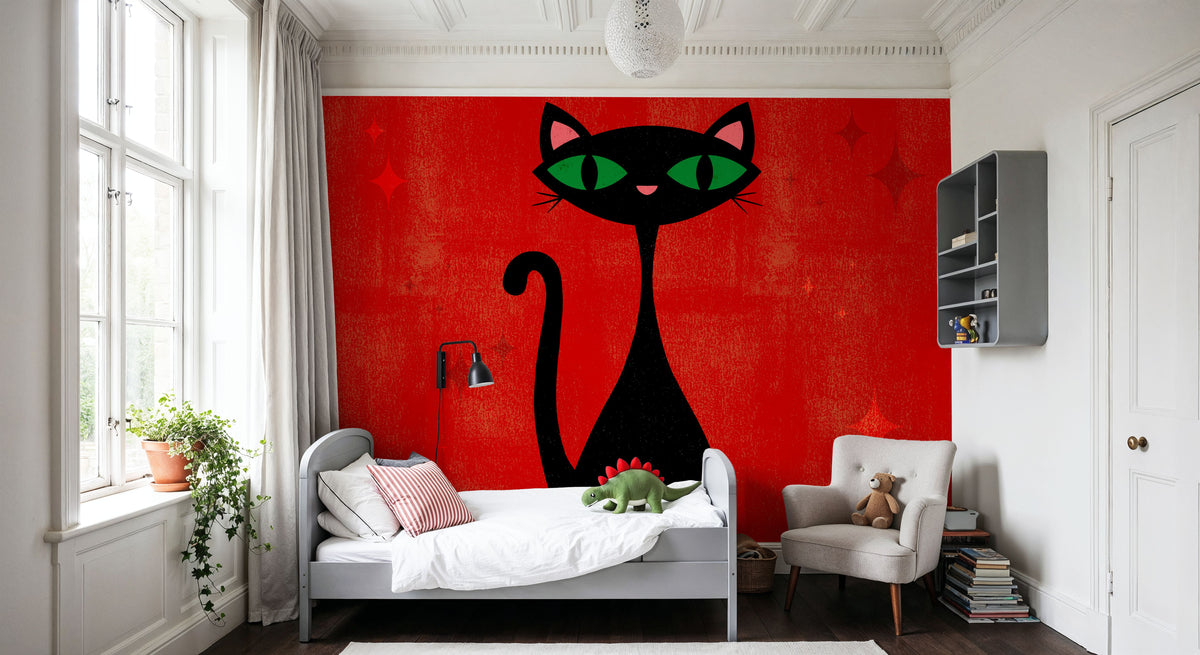 Retro Cat, Red Mural Wallpaper - room preview 04