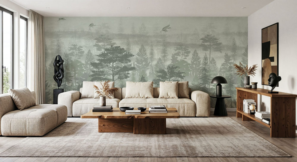 Misty Green Forest Mural Wallpaper - room preview 04