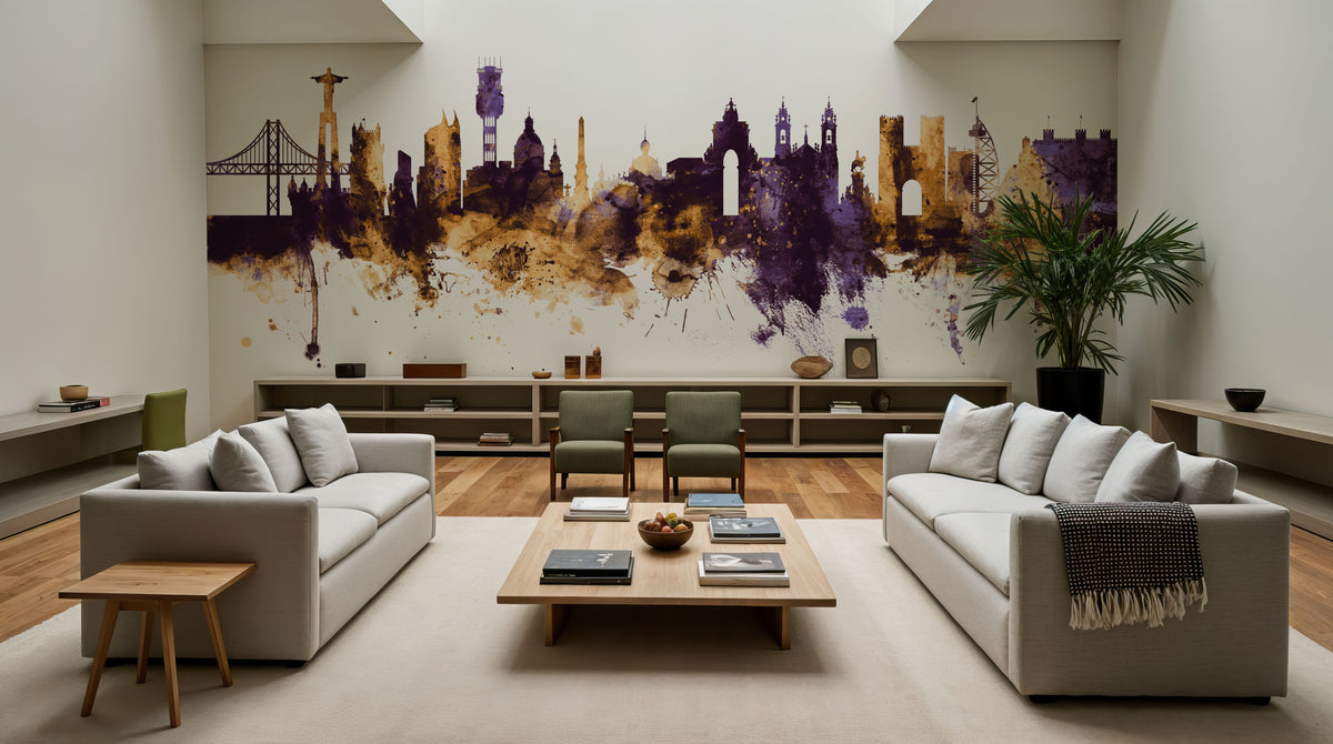 Lisbon Portugal Skyline Purple & Gold Mural Wallpaper - room preview 04