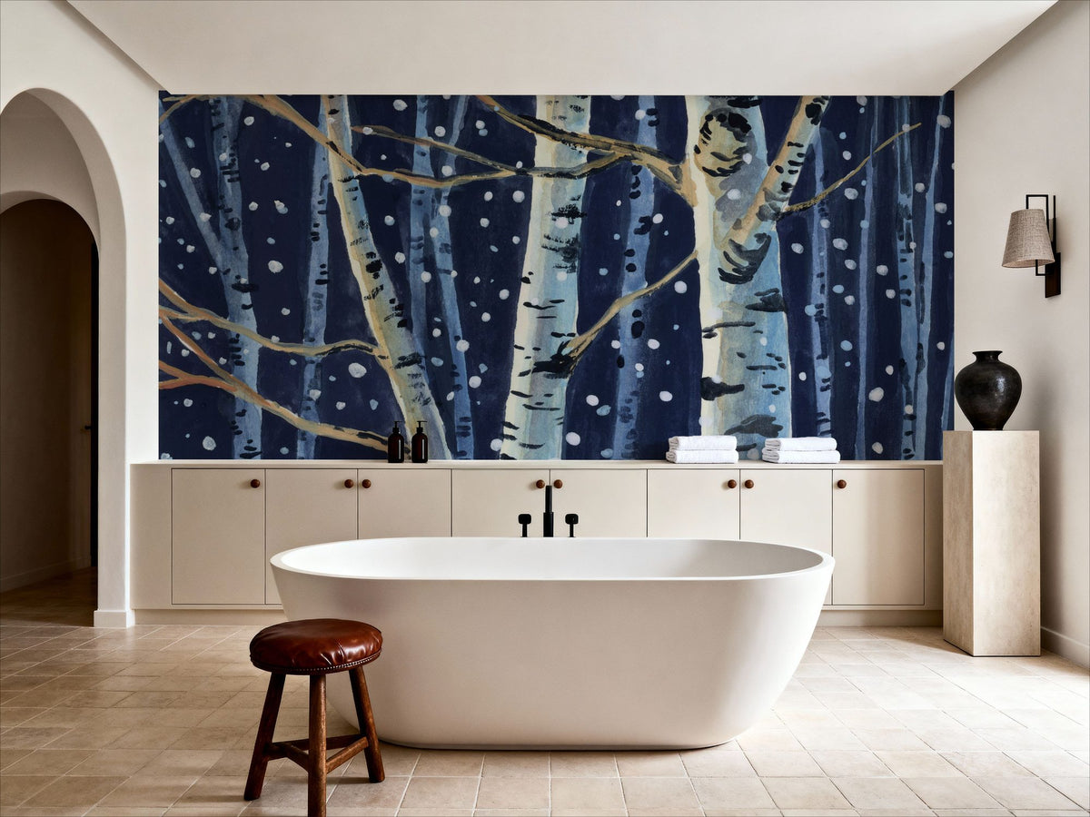 Snowy Birch Grove At Night Mural Wallpaper - room preview 04