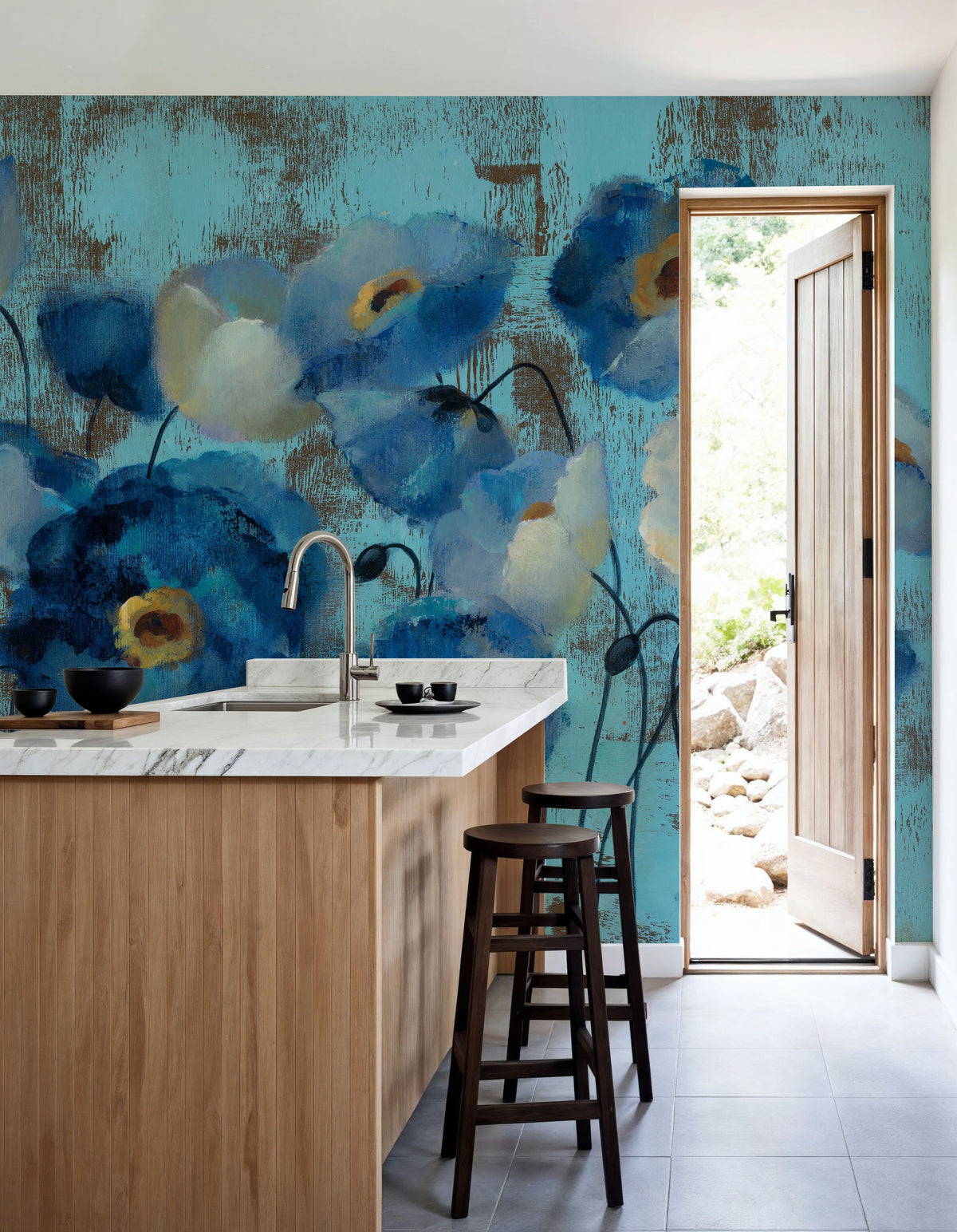 Aquamarine Floral on Blue Mural Wallpaper - room preview 04