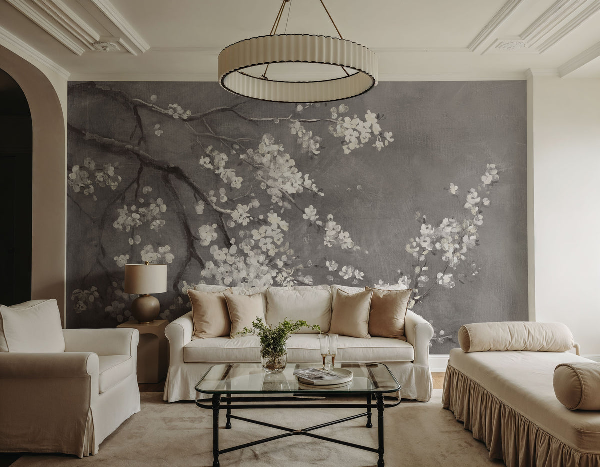 White Cherry Blossoms I on Grey Mural Wallpaper - room preview 04