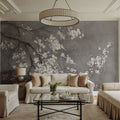 White Cherry Blossoms I on Grey Mural Wallpaper - room preview 04