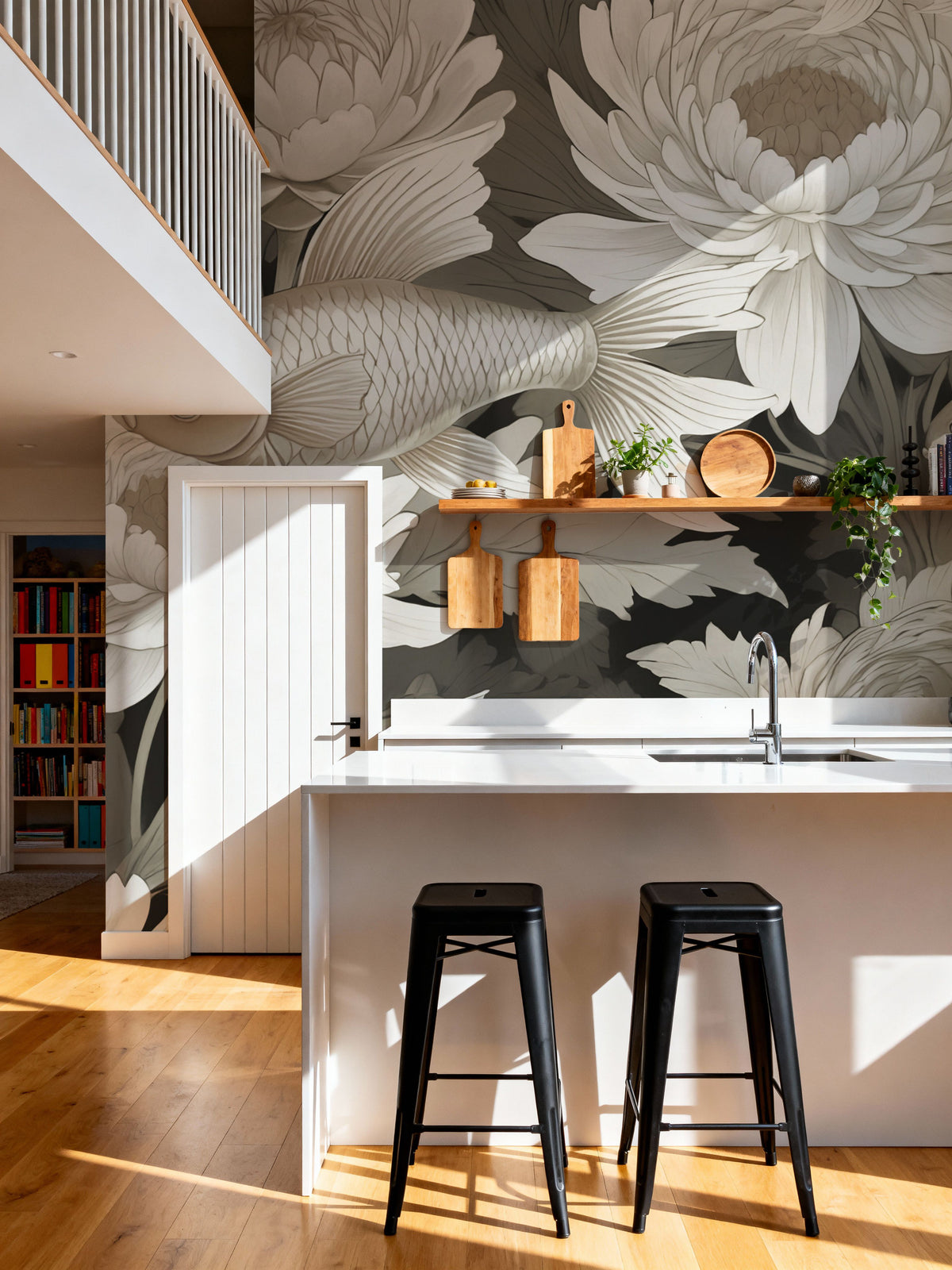 Dancing Fish, Khaki Mural Wallpaper - room preview 04