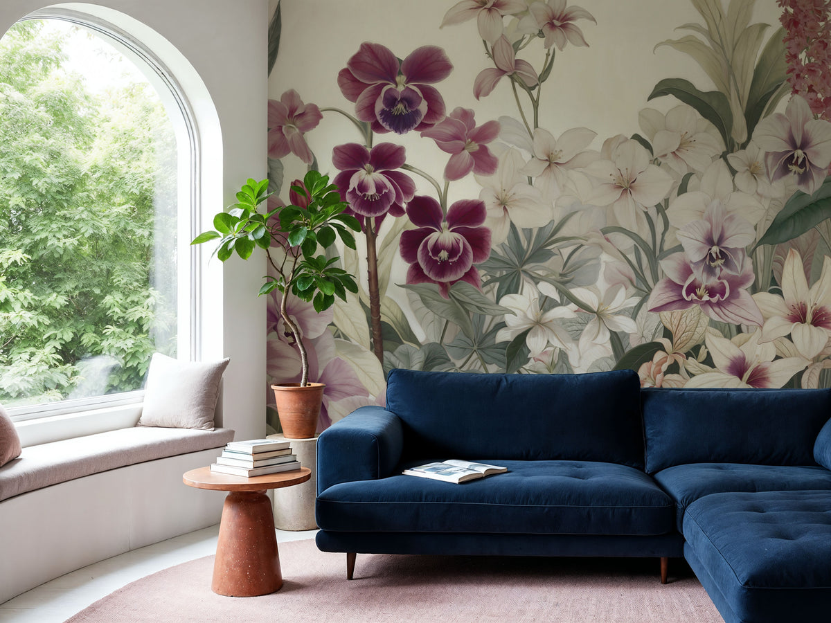 The Tenderness of Orchids, Burgundy Mural Wallpaper - room preview 04