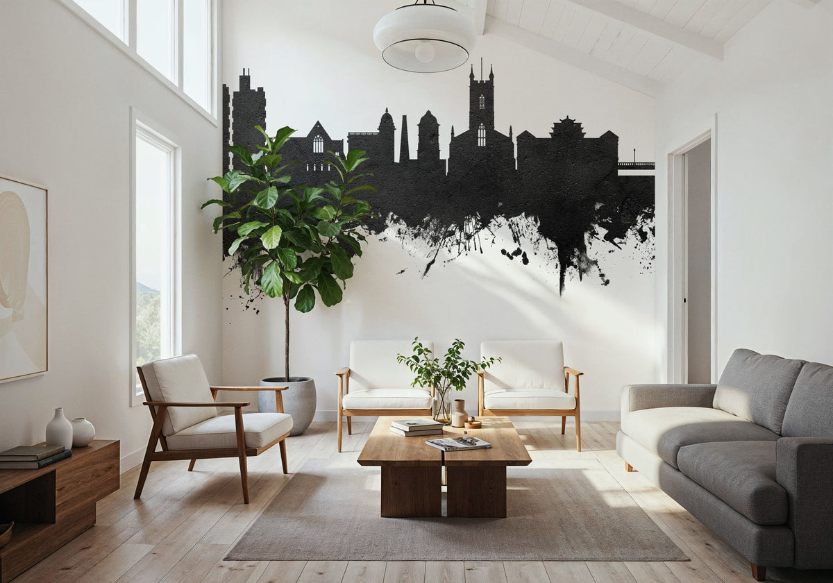Stoke-on-Trent Skyline Black & White Mural Wallpaper - room preview 04