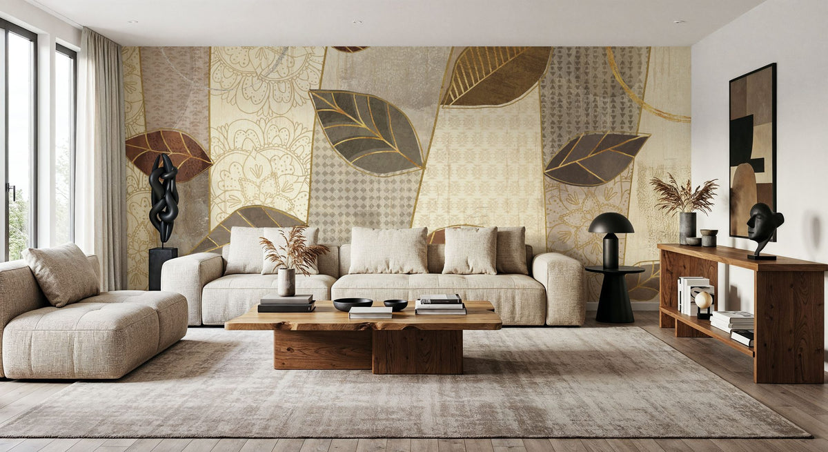 Bohemian Leaves I Neutral Mural Wallpaper - room preview 04