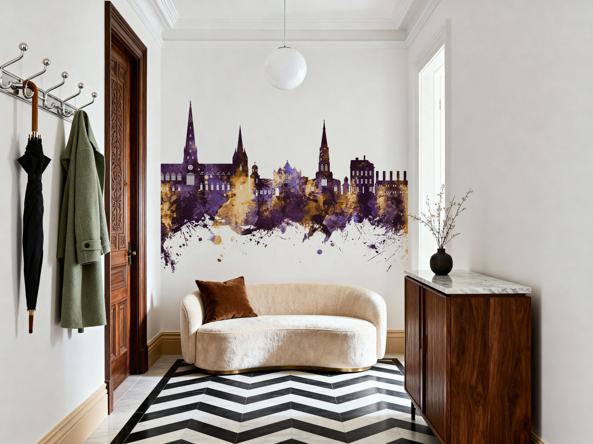 Lichfield England Skyline Purple & Gold Mural Wallpaper - room preview 04