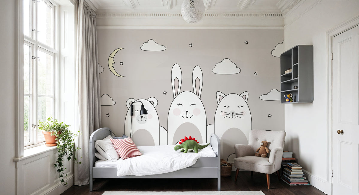 Sleeping Bunny Gray Mural Wallpaper - room preview 04