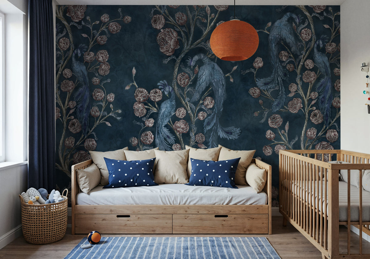 Peacock and Peony Chinoiserie Navy Mural Wallpaper - room preview 04