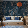 Peacock and Peony Chinoiserie Navy Mural Wallpaper - room preview 04