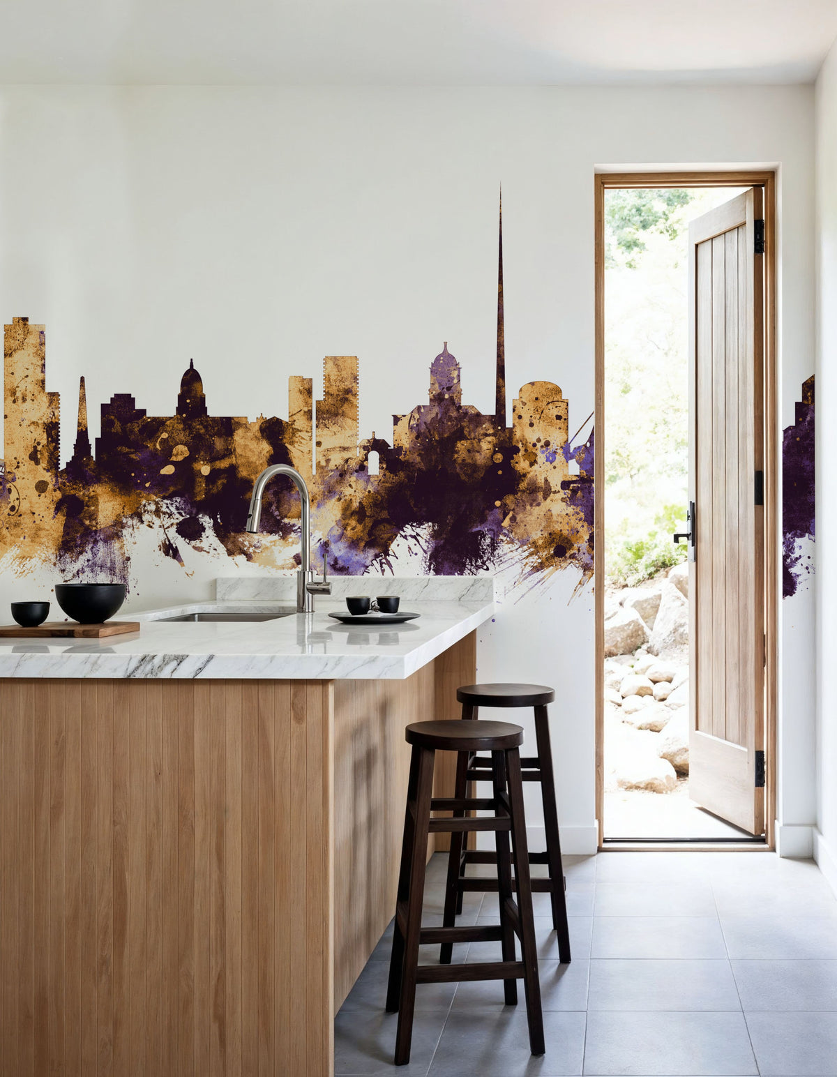 Dublin Ireland Skyline Purple & Gold Mural Wallpaper - room preview 04