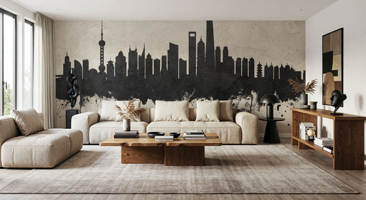 Shanghai China Skyline Concrete Mural Wallpaper - room preview 04