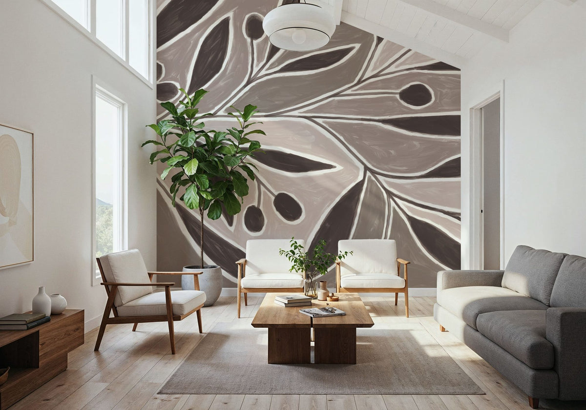 Modern Leaf Neutral Mural Wallpaper - room preview 04