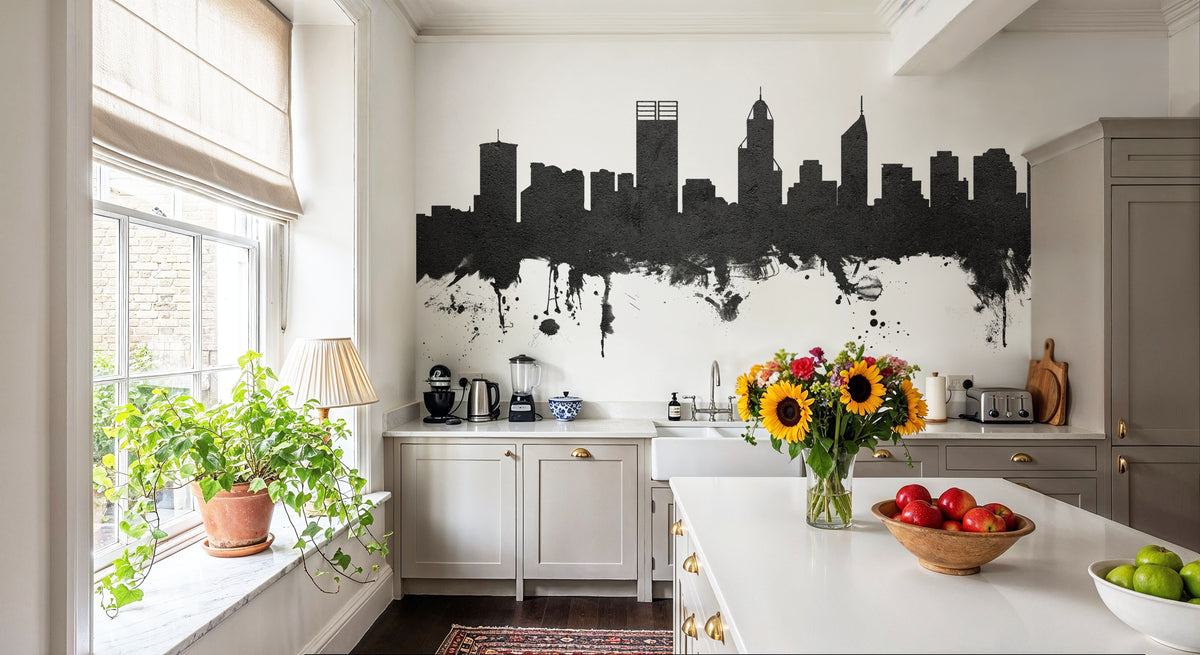 Perth Australia Skyline Black & White Mural Wallpaper - room preview 04