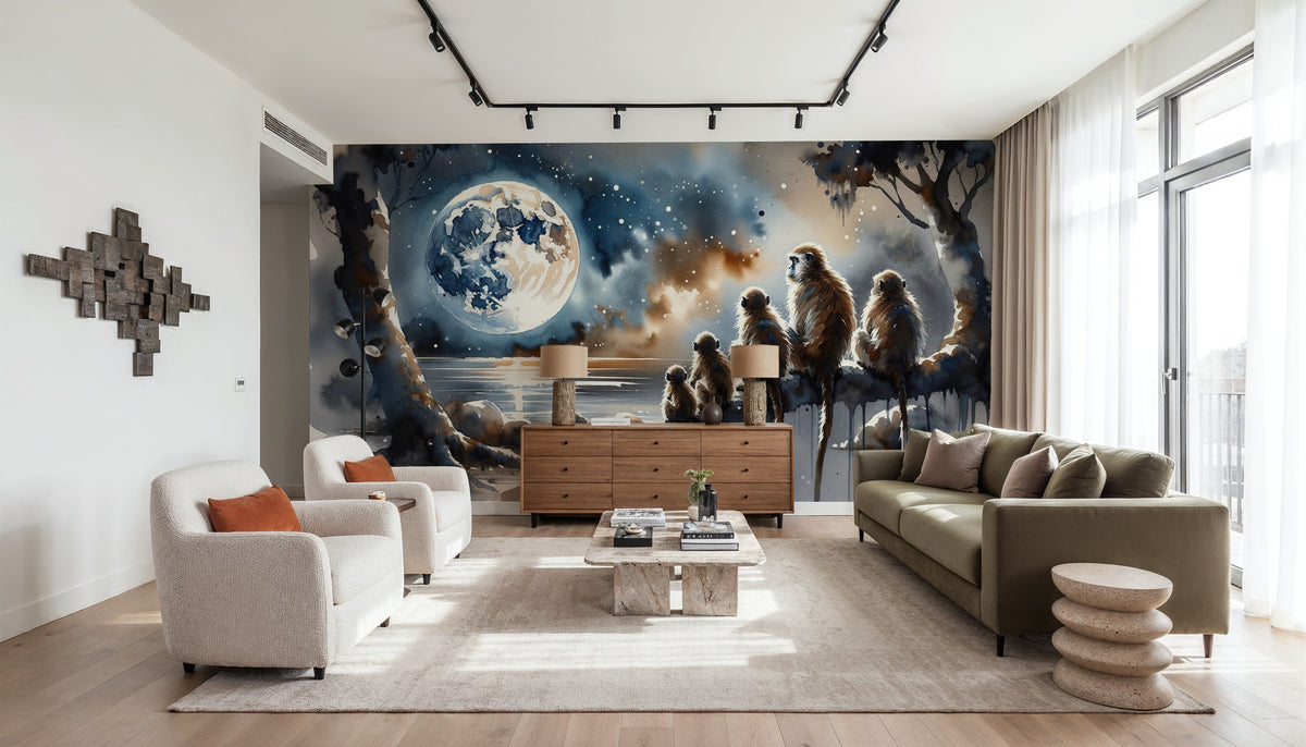 Monkey Family Night Giant Moon Watercolor Mural Wallpaper - room preview 04