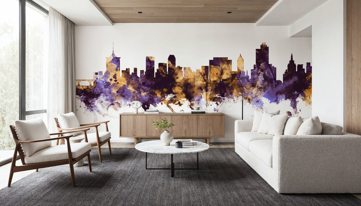 Tulsa Oklahoma Skyline Purple & Gold Mural Wallpaper - room preview 04