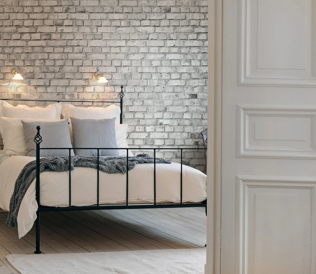 Brick Wall, White Mural Wallpaper - room preview 04