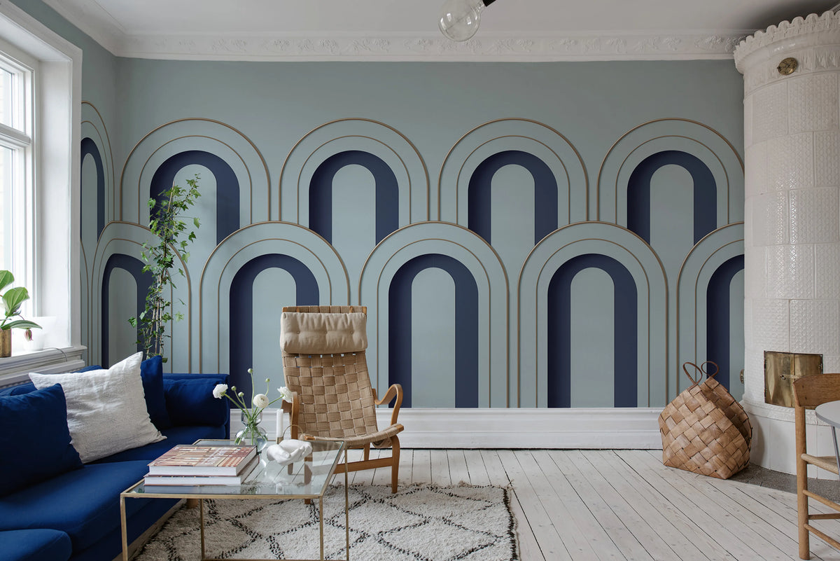 Arch Deco, Blue Mural Wallpaper - room preview 04