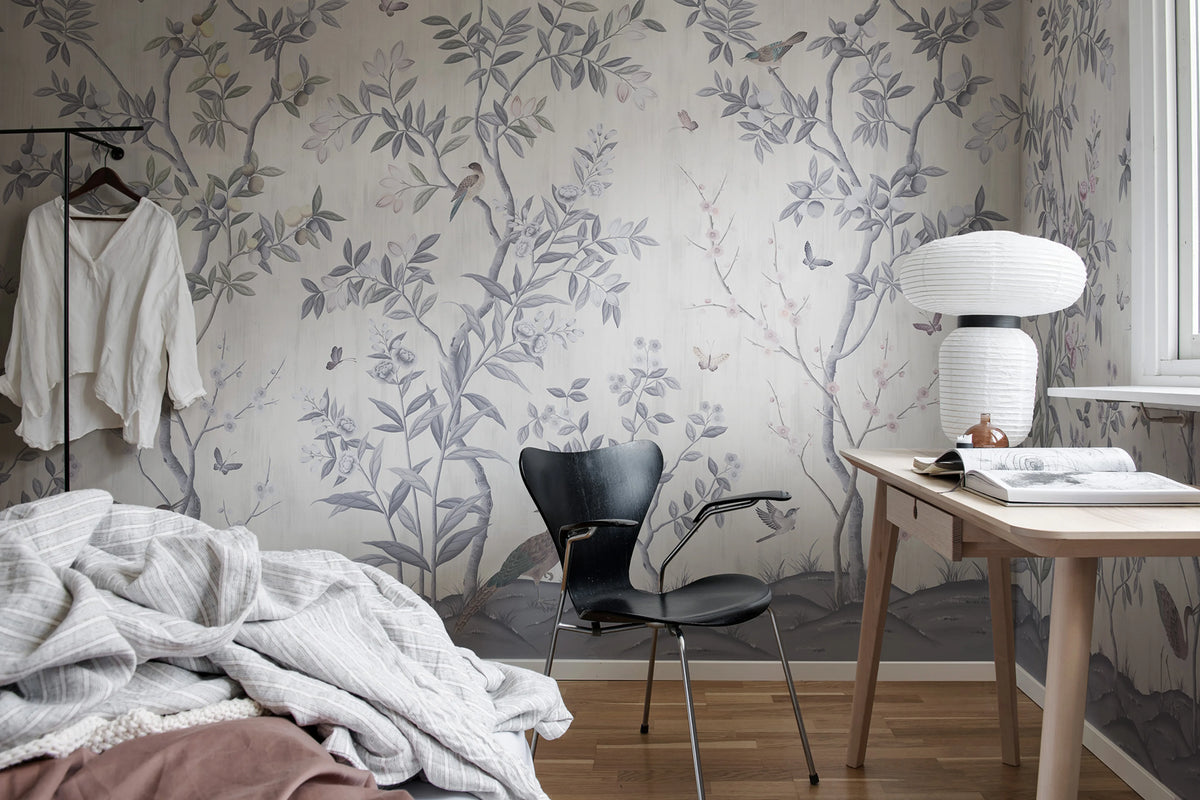 Chinoiserie Chic, Pearl Gray Mural Wallpaper - room preview 04