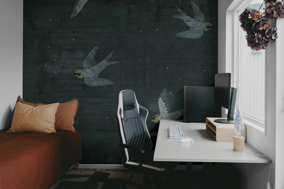Concrete Art, Night Swallow Mural Wallpaper - room preview 04