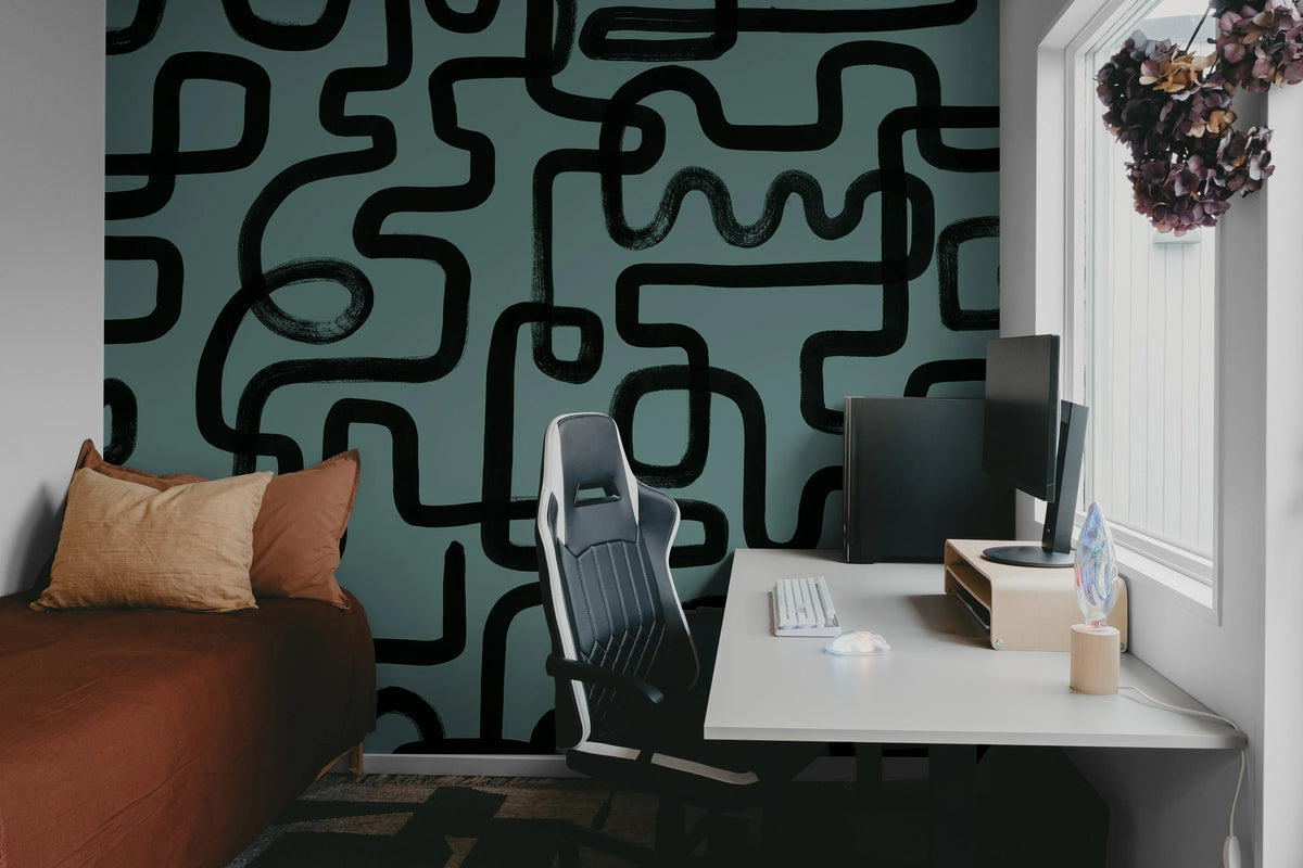 Artzy Lines, Petrol Mural Wallpaper - room preview 04