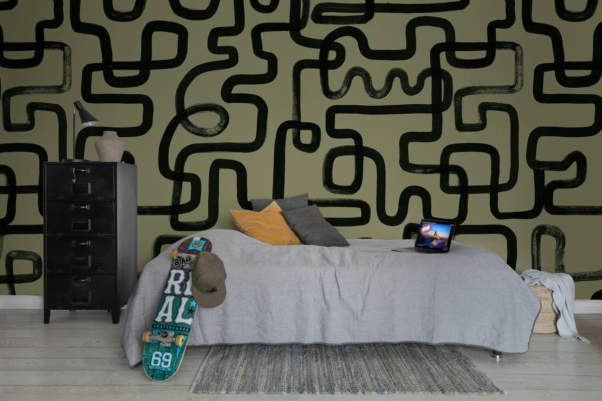 Artzy Lines, Olive Green Mural Wallpaper - room preview 04