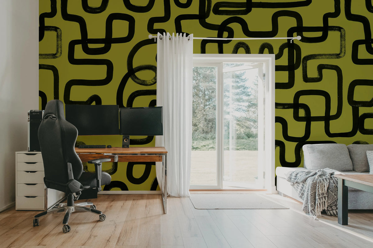 Artzy Lines, Yellow Mural Wallpaper - room preview 04