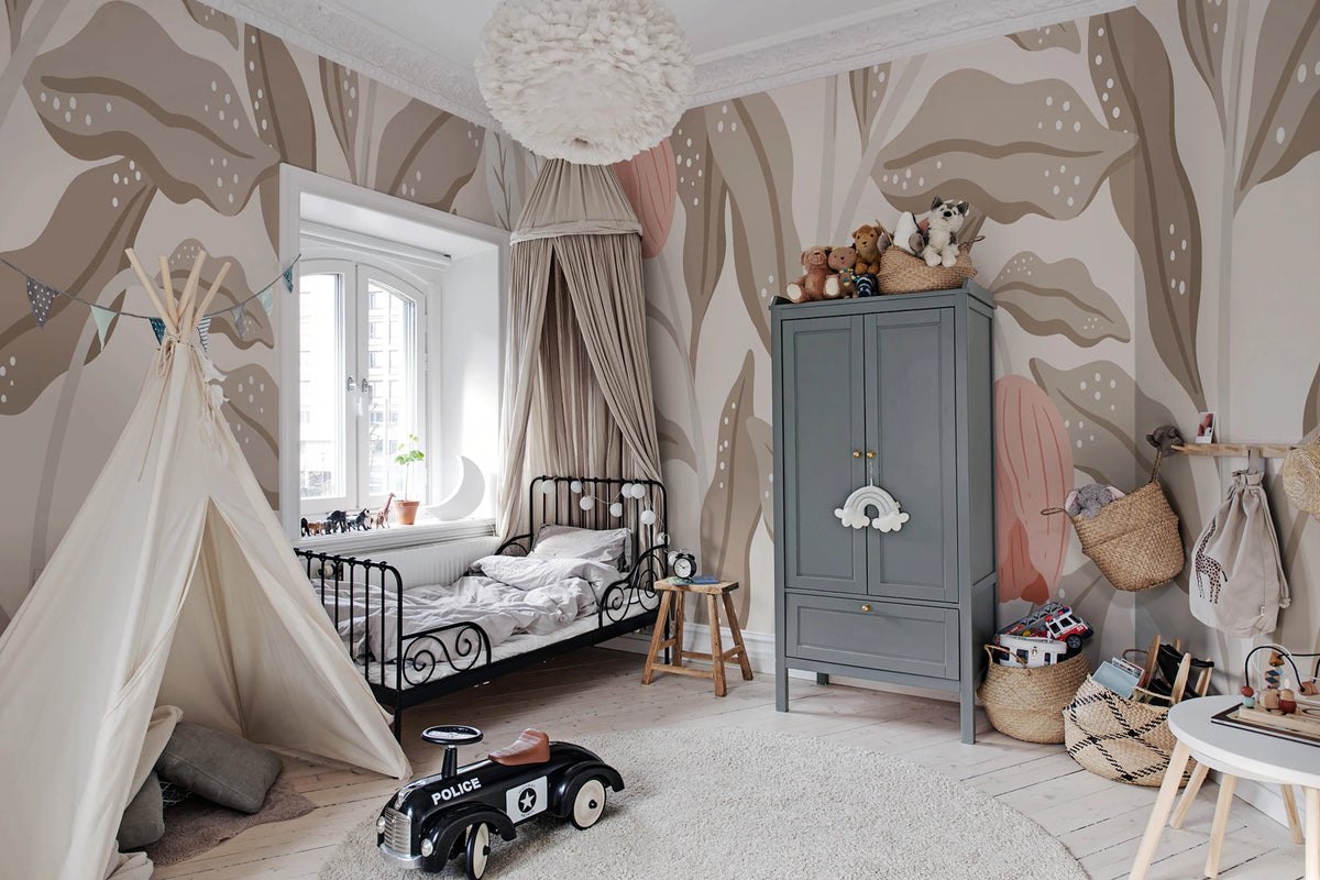 Cool Flora, Beige & Pink Mural Wallpaper - room preview 04