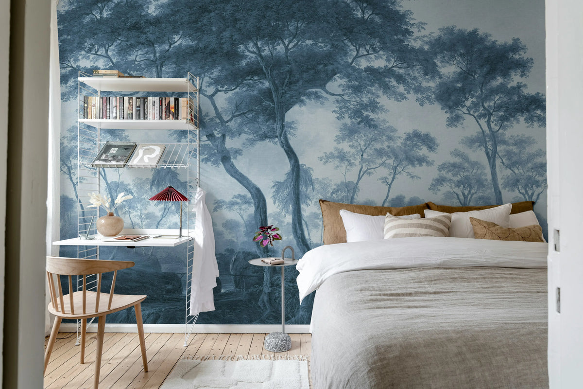 The Green Forest, Vintage Blue Mural Wallpaper - room preview 04