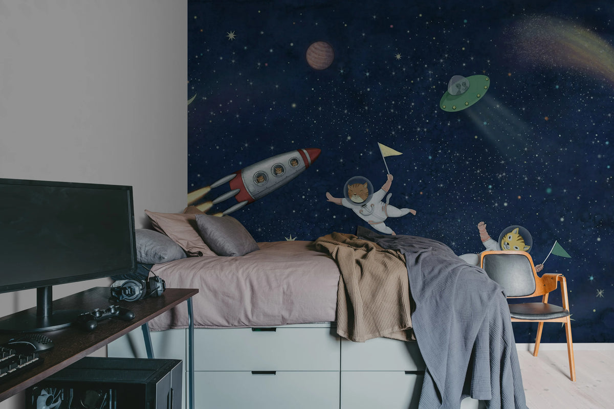 Space Cats, Dark Blue Mural Wallpaper - room preview 04