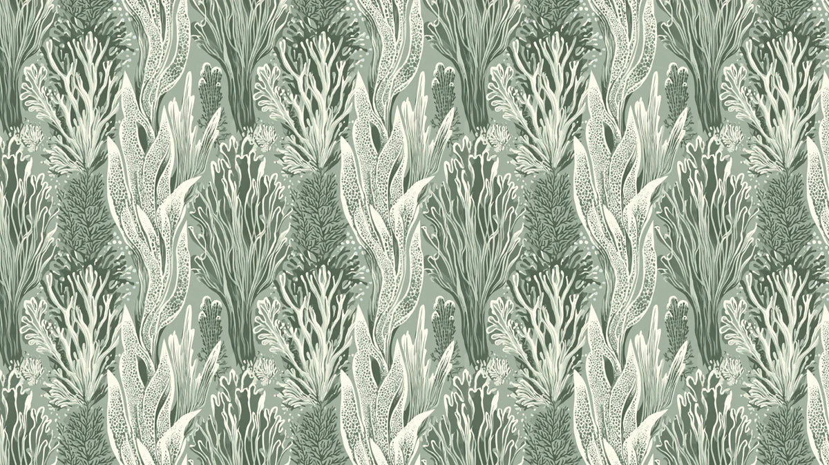 Abstract Seaweed Mural Wallpaper — Sage and Cream Botanical Mural Wallpaper - room preview 05