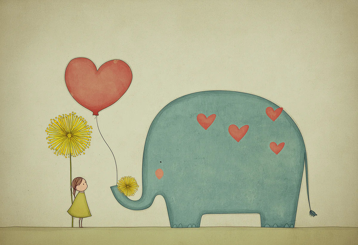 Elephant and Girl Heart Balloon Mural Wallpaper — Whimsical Decor Mural Wallpaper - room preview 05