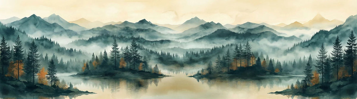 Misty Mountain Lake Mural Wallpaper — Watercolor Landscape Mural Wallpaper - room preview 05