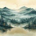 Misty Mountain Lake Mural Wallpaper — Watercolor Landscape Mural Wallpaper - room preview 05