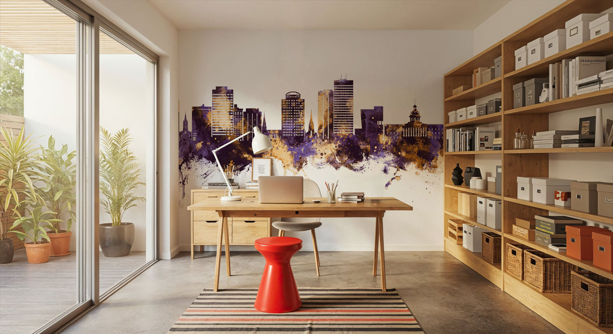 Columbia South Carolina Skyline Purple & Gold Mural Wallpaper - room preview 05